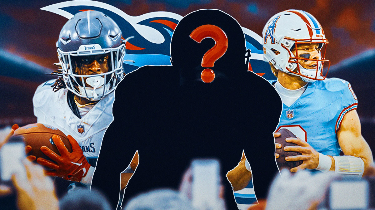 Tennessee Titans QB Will Levis next to TE Chig Okonkwo. They are next to a silhouette of an American football player with a big question mark emoji inside. There is also a logo for the Tennessee Titans.