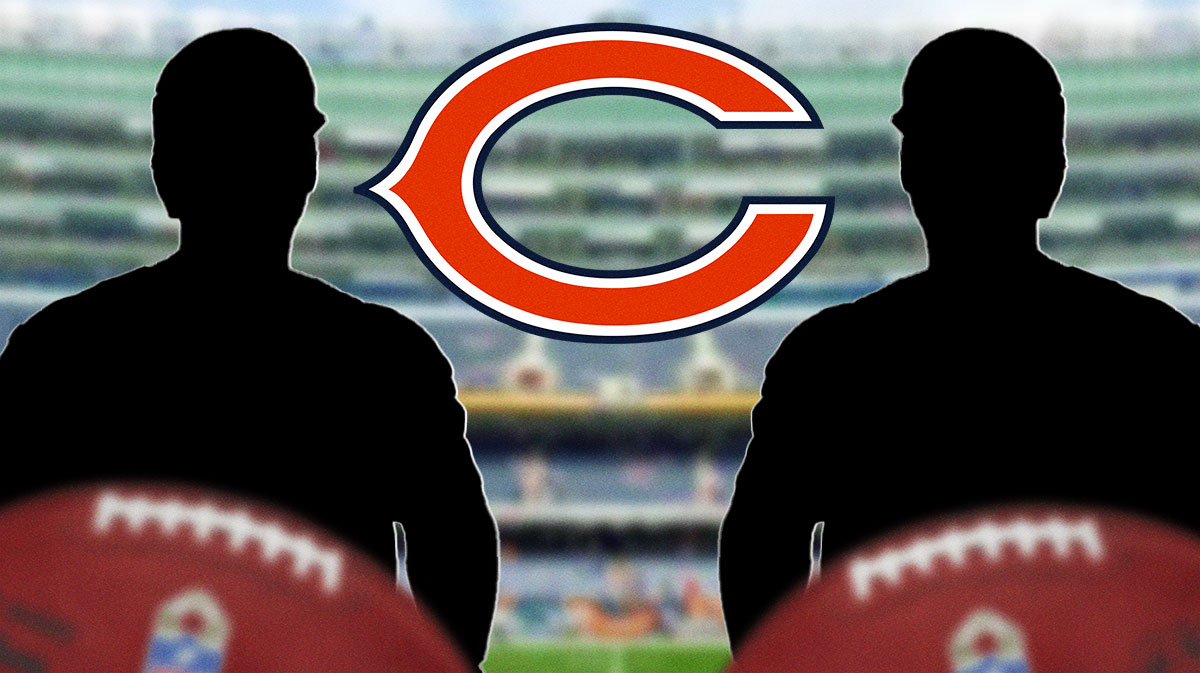 Two mystery players in the middle - Chicago Bears logo in the background