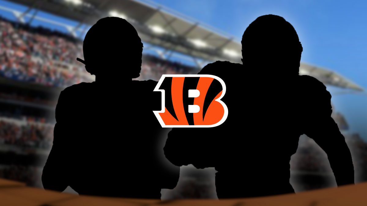 Two mystery players in the middle, Cincinnati Bengals logo in the background