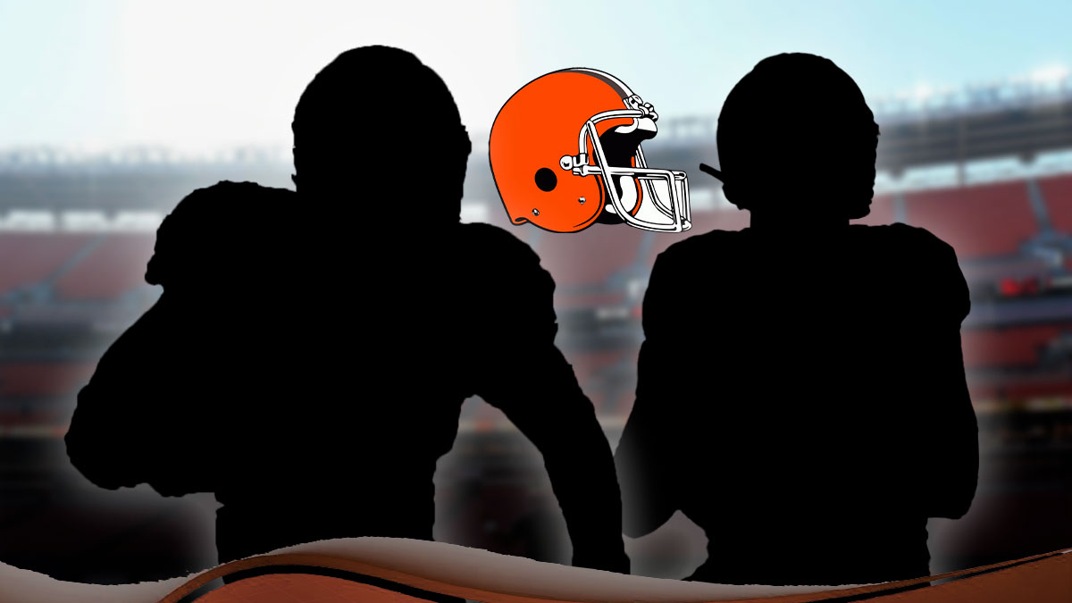 Two mystery players in the middle, Cleveland Browns logo in the background