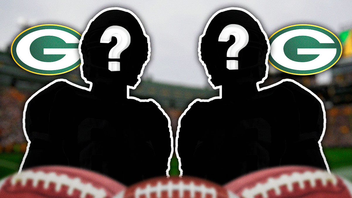 Two mystery players in the middle, Green Bay Packers logo in the background