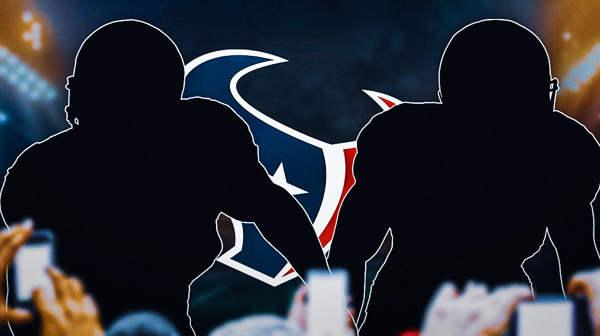 Two mystery players in the middle, Houston Texans logo in the background