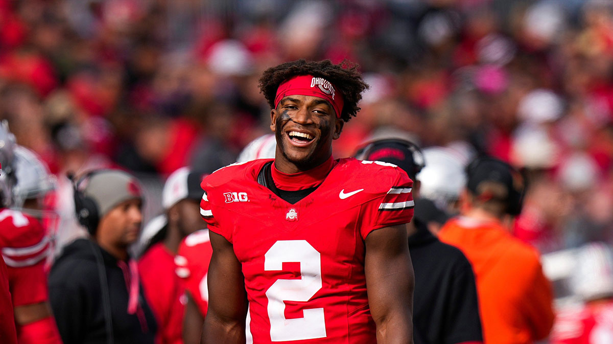 Ohio State safety Caleb Downs smiles during a game against Purdue.
