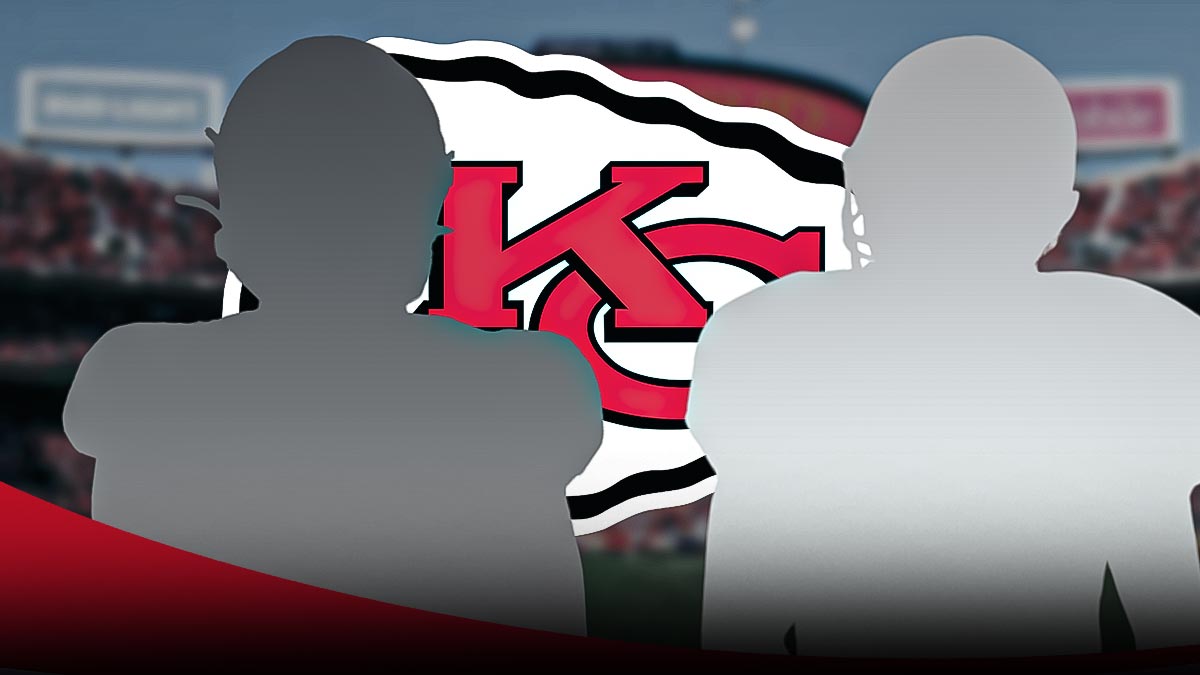 Two mystery players in the middle, Kansas City Chiefs logo in the background