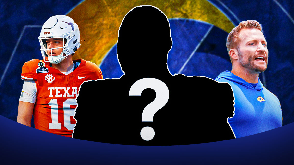 Los Angeles Rams coach Sean McVay next to QB Arch Manning and a silhouette of an American football player with a big question mark emoji inside. There is also a logo for the Los Angeles Rams.