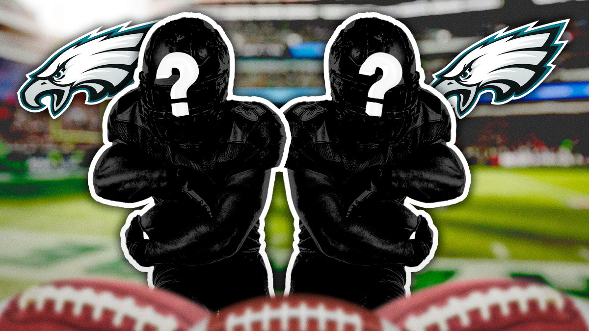 Two mystery players in the middle, Philadelphia Eagles logo in the background