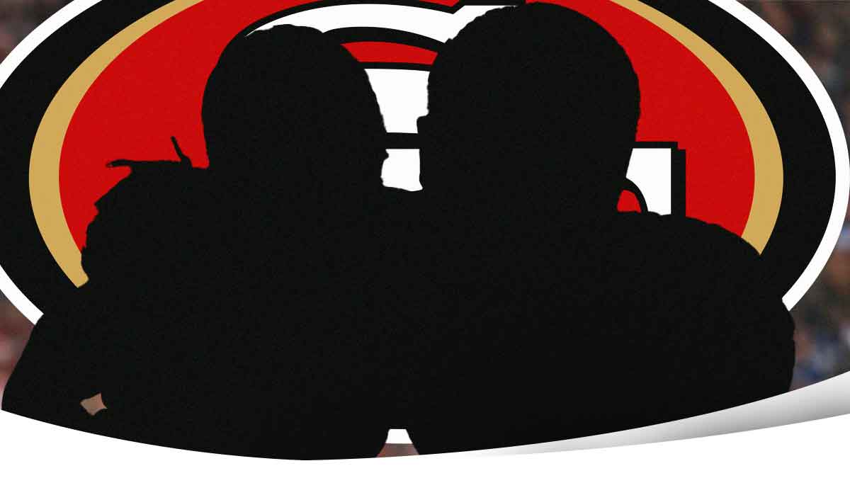 Two mystery players in the middle, San Francisco 49ers logo in the background