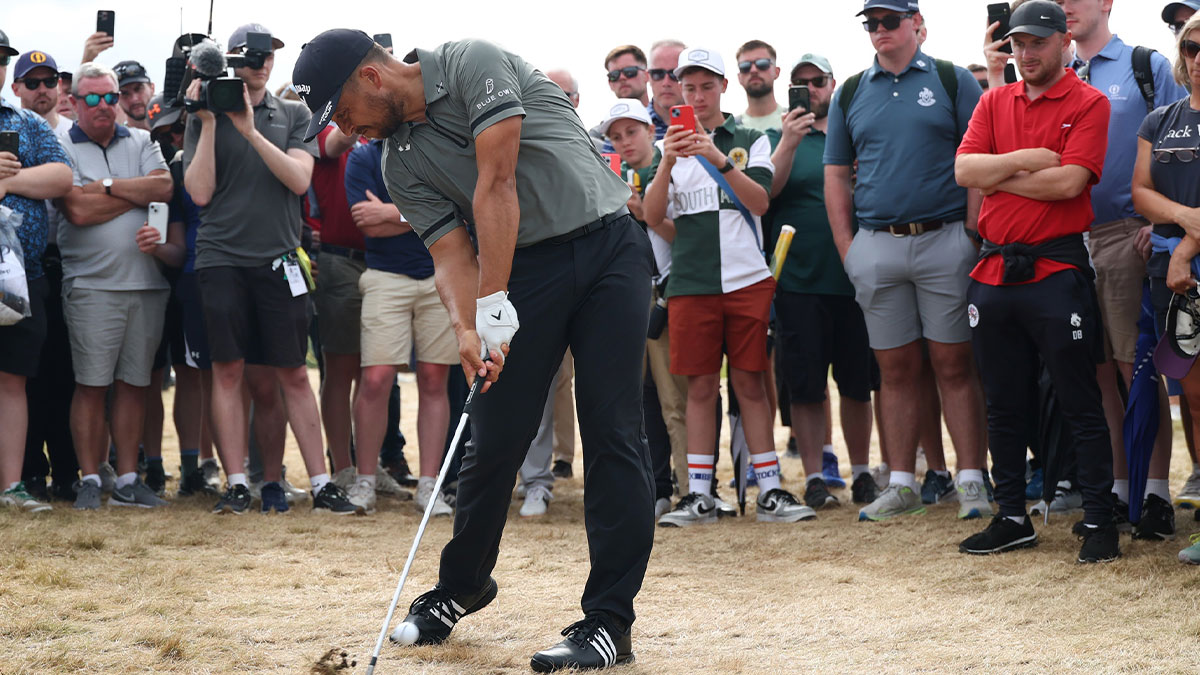 Xander Schauffele hits from the rough on the fourteenth hole during the final round of The 153rd Open Championship golf tournament at Royal Portrush.