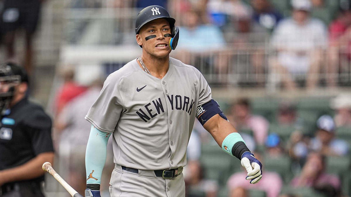 New York Yankees right fielder Aaron Judge (99) reacts after striking out against the Atlanta Braves during the first inning at Truist Park.