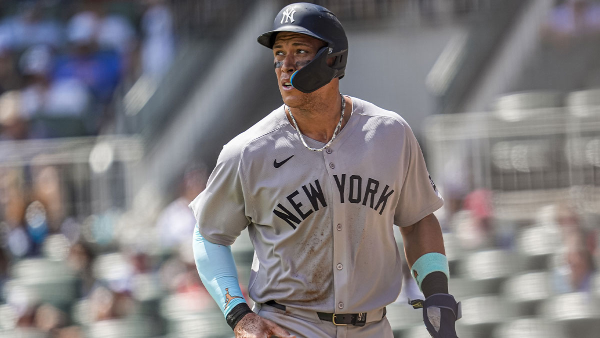 New York Yankees right fielder Aaron Judge (99) shown after scoring a run against the Atlanta Braves during the seventh inning at Truist Park.
