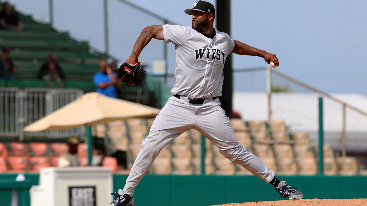 West team pitcher CC Sabathia (52) pitches the ball during the East-West Classic at Rickwood Field. MLB