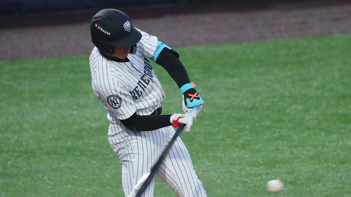 Hudson Valley Renegade George Lombard Jr. at bat during the game versus the Jersey Shore BlueClaws at Heritage Financial Park in Fishkill on April 4, 2025.