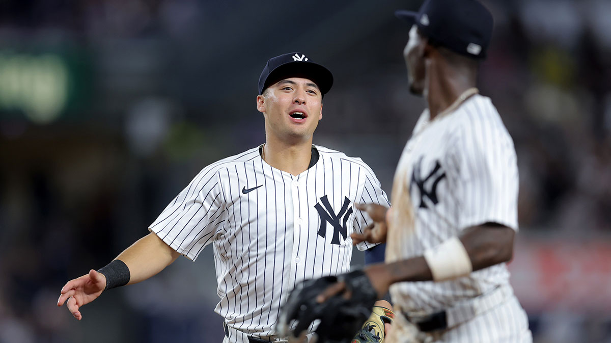 Yankees shortstop Anthony Volpe reacts