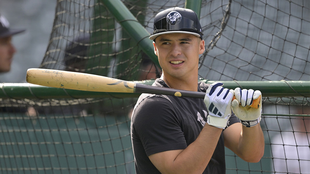 New York Yankees shortstop Anthony Volpe (11) prior to the game against the Los Angeles Angels at Angel Stadium.