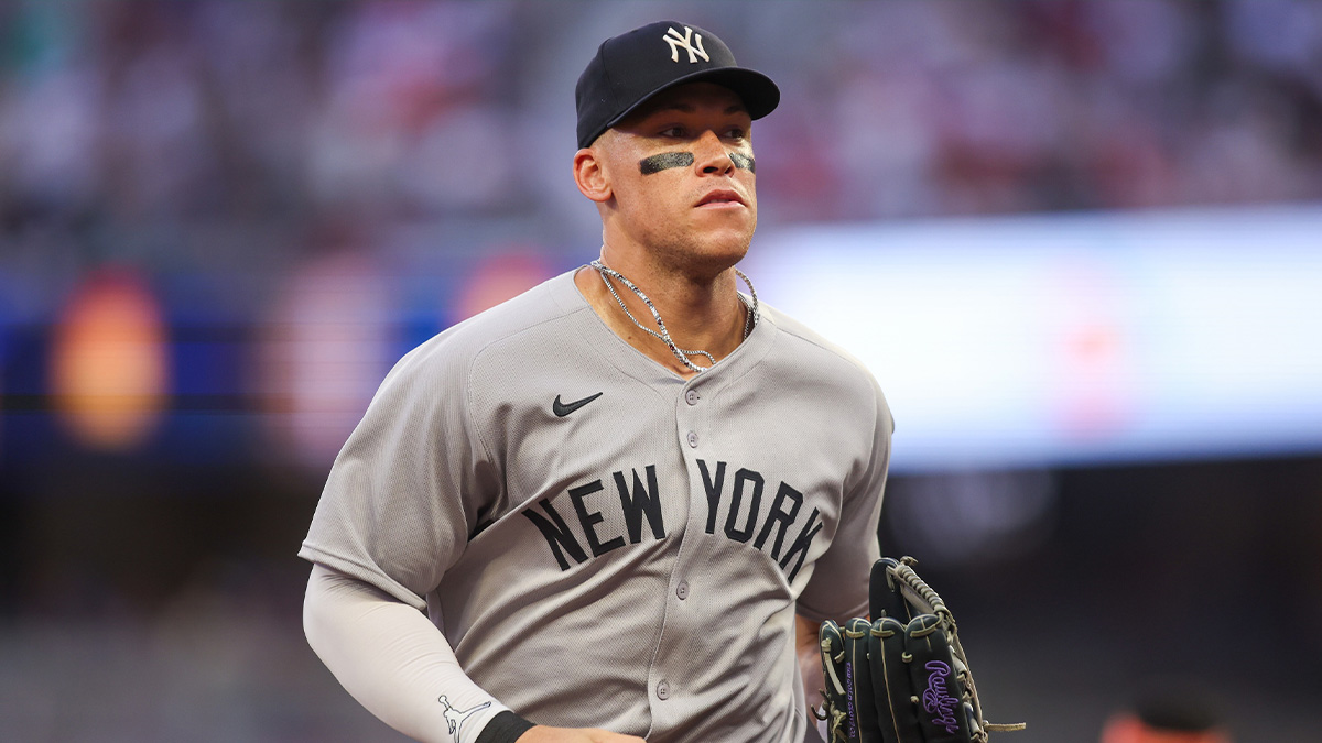 New York Yankees right fielder Aaron Judge (99) between innings against the Atlanta Braves in the fourth inning at Truist Park.