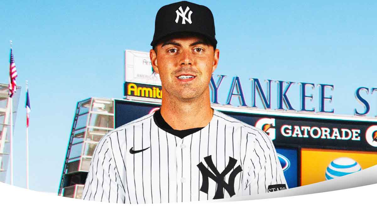 Mackenzie Gore in a Yankees jersey, Yankee Stadium background