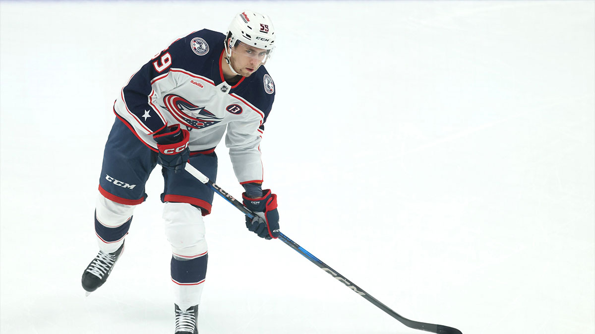 Columbus Blue Jackets right wing Yegor Chinakhov (59) warms up before the game against the Pittsburgh Penguins