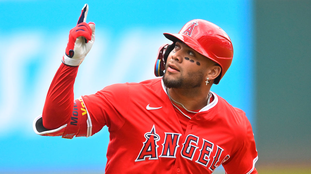 May 31, 2025; Cleveland, Ohio, USA; Los Angeles Angels third baseman Yoan Moncada (5) celebrates his solo home run in the third inning against the Cleveland Guardians at Progressive Field. Mandatory Credit: David Richard-Imagn Images