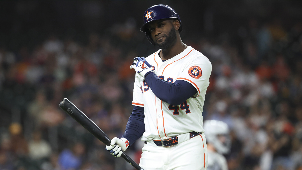 Houston Astros designated hitter Yordan Alvarez (44) reacts after flying out during the sixth inning against the Detroit Tigers at Daikin Park.