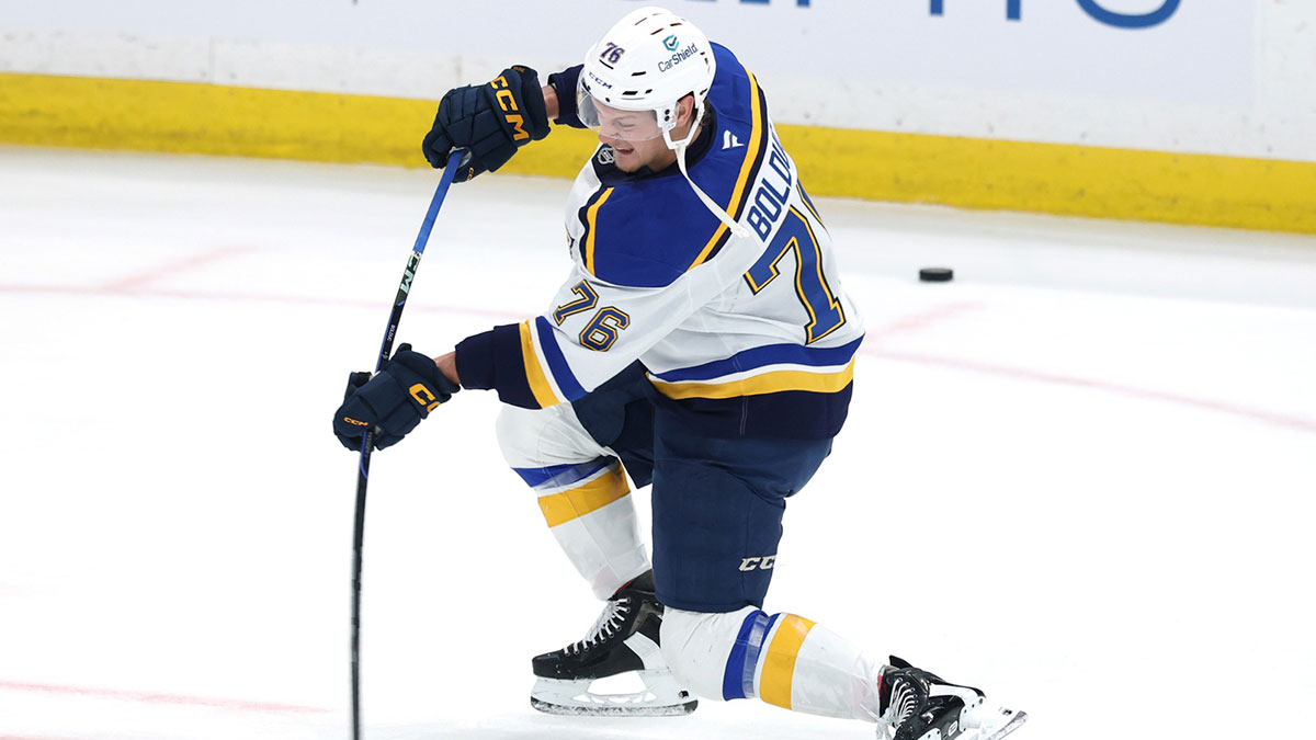 St. Louis Blues right wing Zack Bolduc (76) warms up before a game against the Winnipeg Jets in game seven of the first round of the 2025 Stanley Cup Playoffs at Canada Life Centre.
