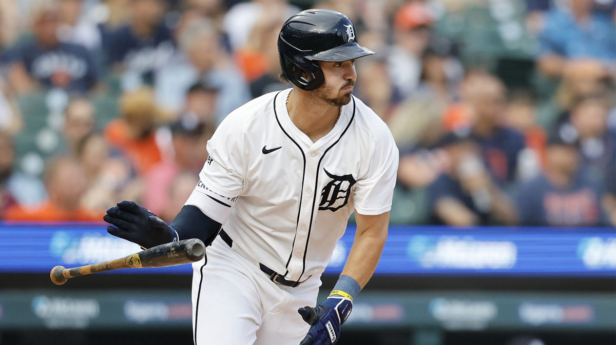 Detroit Tigers third baseman Zach McKinstry (39) hits an RBI double in the fourth inning against the Tampa Bay Rays at Comerica Park.