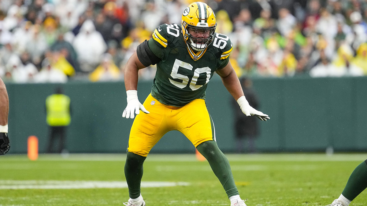 Green Bay Packers offensive linenam Zach Tom (50) during the game against the Arizona Cardinals at Lambeau Field.