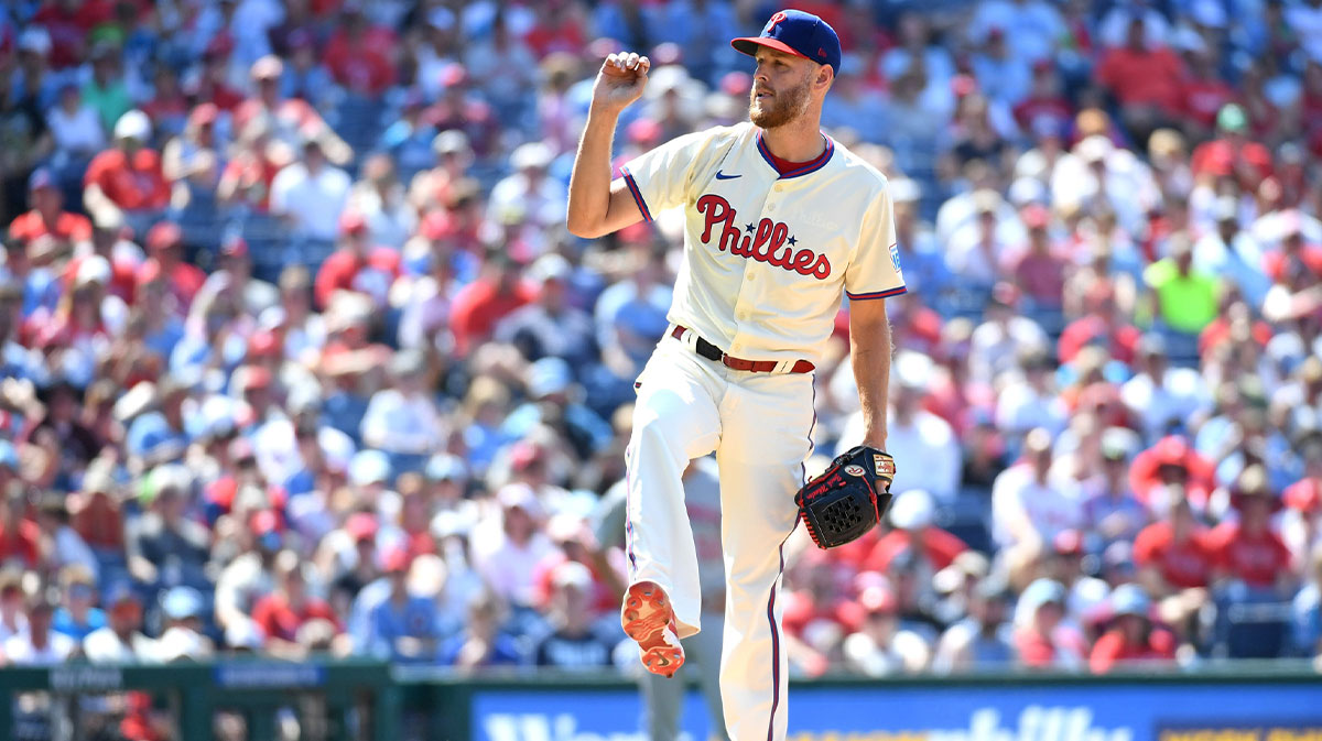 Philadelphia Phillies pitcher Zack Wheeler (45) reacts after a strike out during the ninth inning against the Cincinnati Reds at Citizens Bank Park.