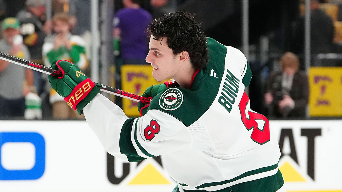 Minnesota Wild defenseman Zeev Buium (8) takes a rookie lap before making his NHL debut against the Vegas Golden Knights in game one of the first round of the 2025 Stanley Cup Playoffs