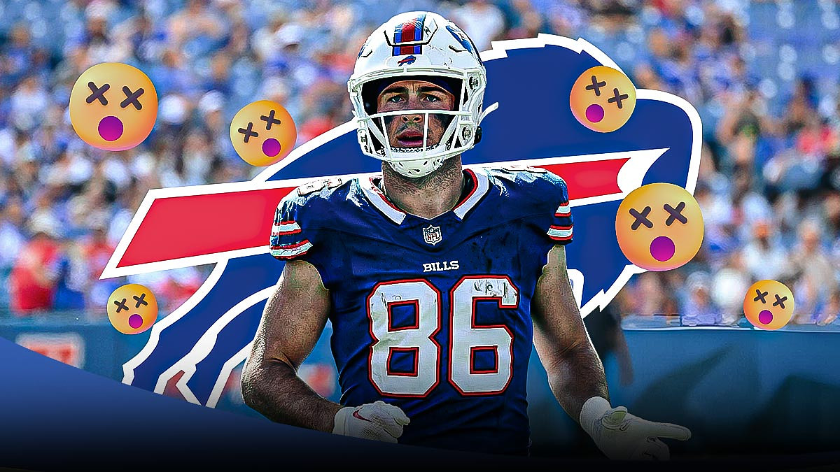 Dalton Kincaid in the middle with 😵 emojis around him, Buffalo Bills logo in the background
