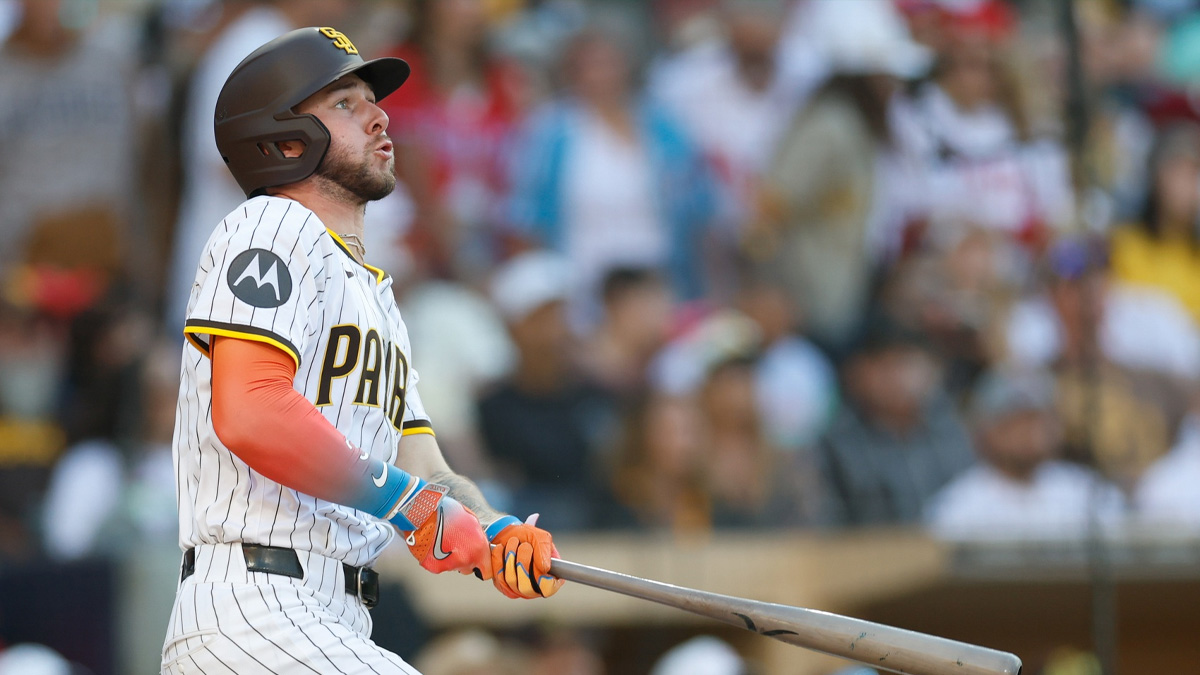 San Diego Padres center fielder Jackson Merrill (3) hits a home run during the sixth inning against the Philadelphia Phillies at Petco Park.