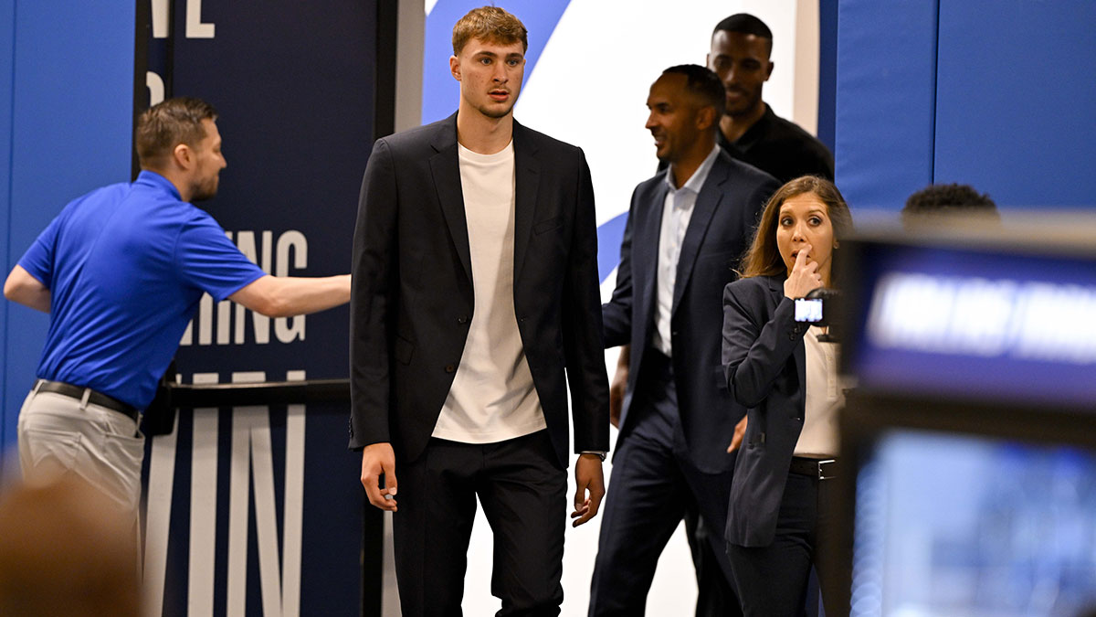 Dallas Mavericks first overall pick Cooper Flagg arrives at a press conference at the Dallas Mavericks Practice Facility.