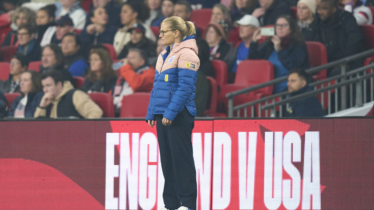 England head coach Sarina Wiegman in the first half of an International friendly at Wembley Stadium.