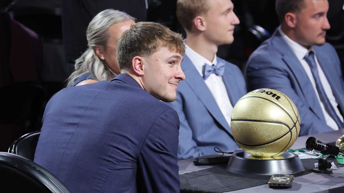 Cooper Flagg looks on during the 2025 NBA Draft at Barclays Center.