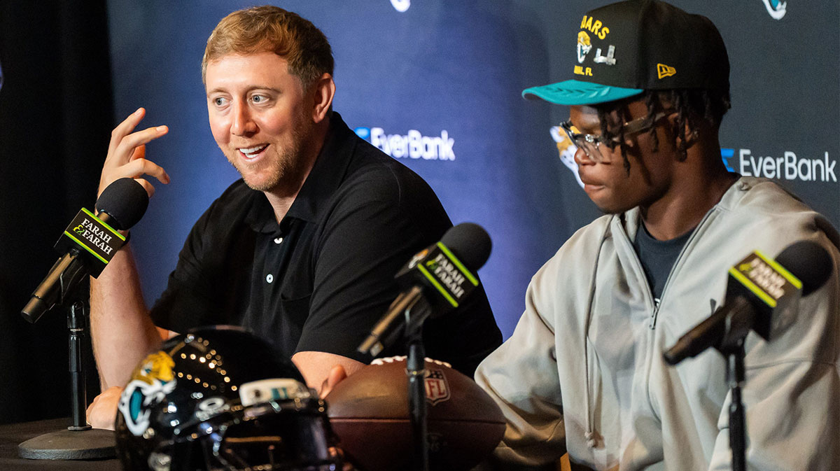 Jacksonville Jaguars Head Coach Liam Coen answers questions during a press conference with the team’s first-round pick, Colorado Buffaloes wide receiver and defensive back Travis Hunter