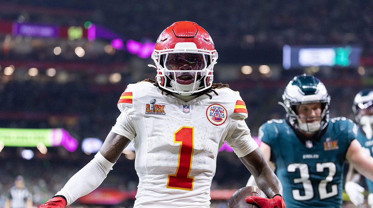 Kansas City Chiefs wide receiver Xavier Worthy (1) against the Philadelphia Eagles in Super Bowl LIX at Ceasars Superdome.