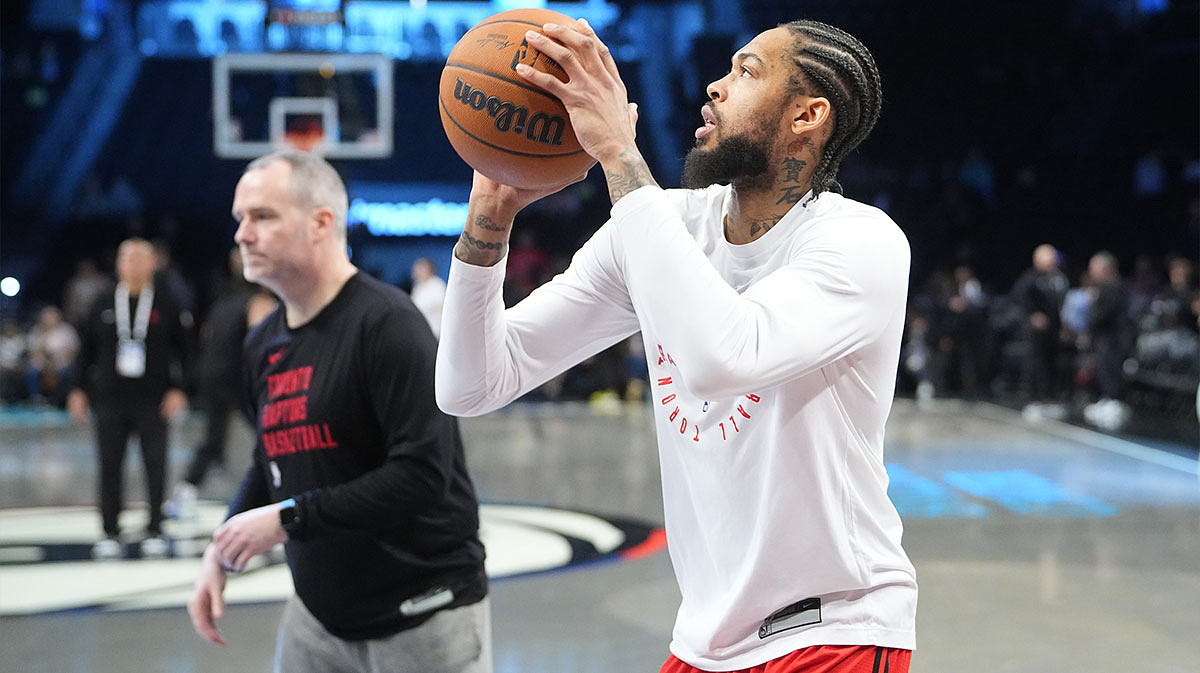 Toronto Raptors small forward Brandon Ingram (3) warms up prior to the game against the Brooklyn Nets at Barclays Center. Mandatory Credit: Gregory Fisher-Imagn Images