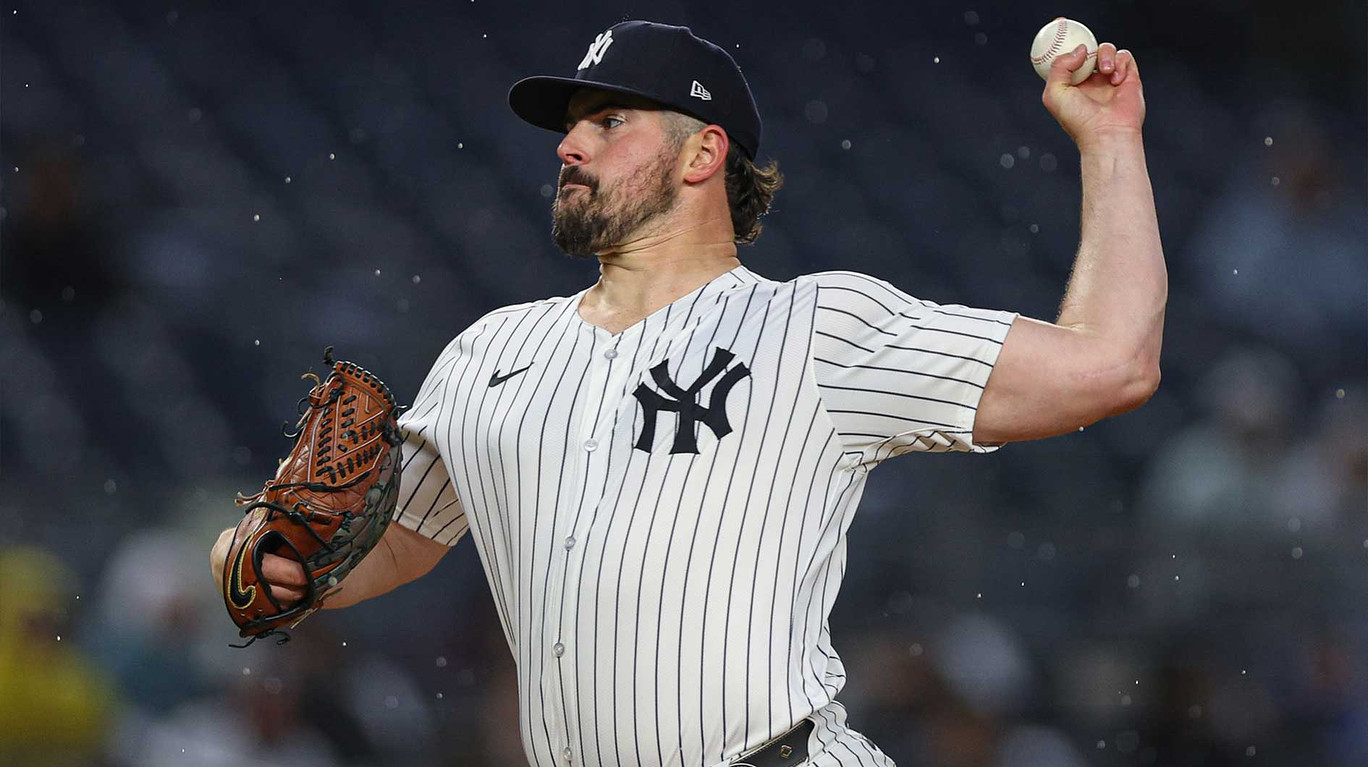 New York Yankees starting pitcher Carlos Rodon (55) delivers a pitch during the first inning against the Arizona Diamondbacks at Yankee Stadium. Mandatory Credit: Vincent Carchietta-Imagn Images