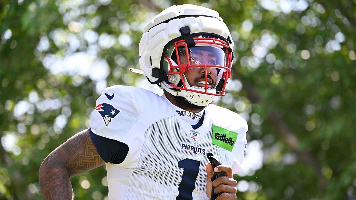 New England Patriots wide receiver Ja'Lynn Polk (1) heads to the practice fields for training camp at Gillette Stadium.