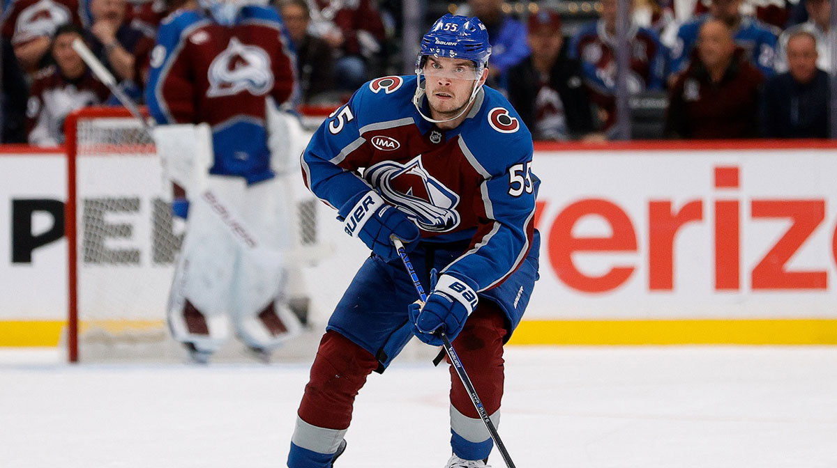 Kraken free agency signing and former Colorado Avalanche defenseman Ryan Lindgren (55) controls the puck in the second period against the Dallas Stars in game three of the first round of the 2025 Stanley Cup Playoffs at Ball Arena.