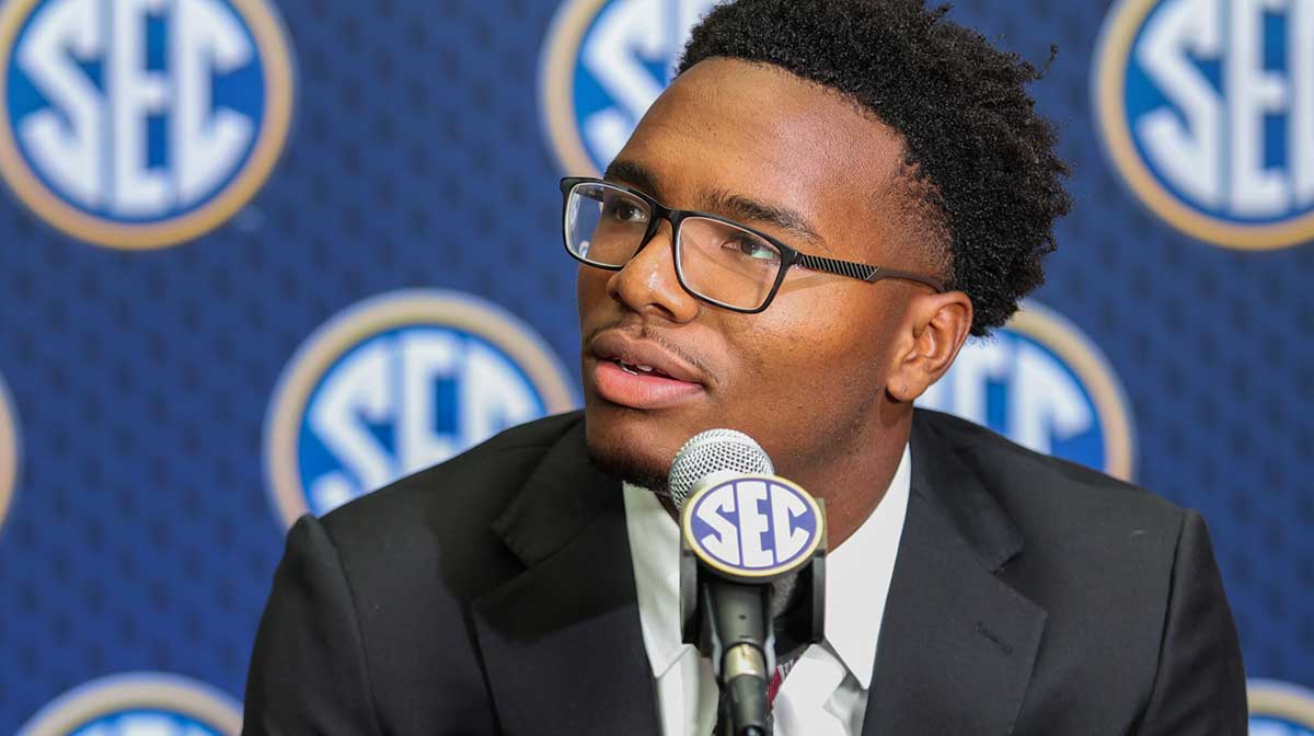 South Carolina Gamecocks quarterback LaNorris Sellers answers media questions during SEC Media Day at Omni Atlanta Hotel.