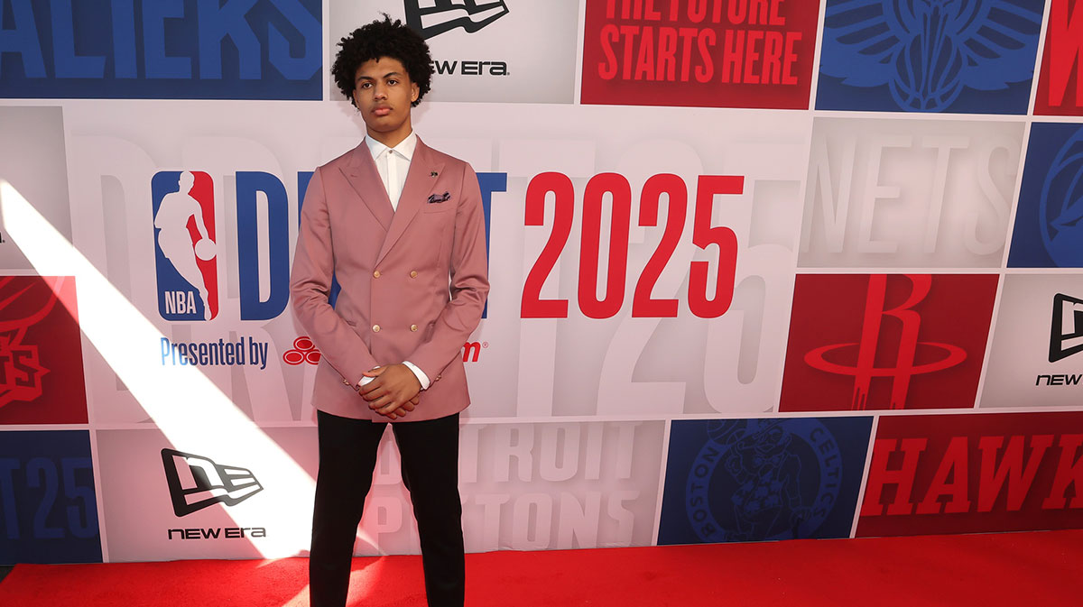 Joan Beringer arrives before the first round of the 2025 NBA Draft at Barclays Center.