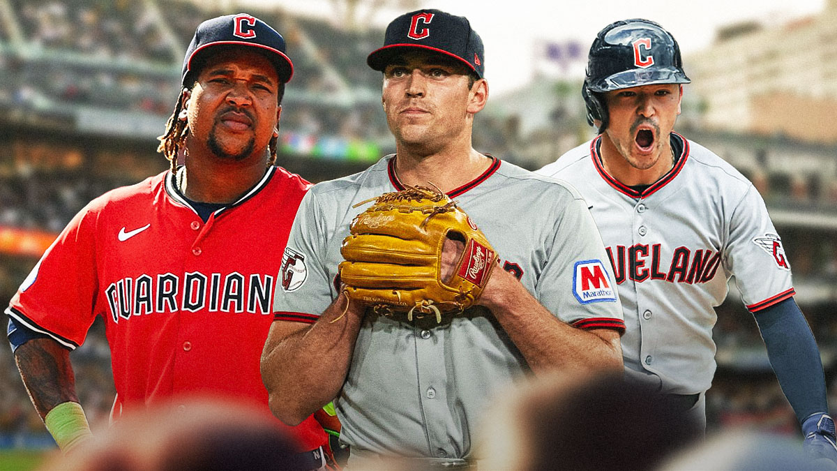 Cade Smith, Jose Ramirez and Steven Kwan, progressive field background
