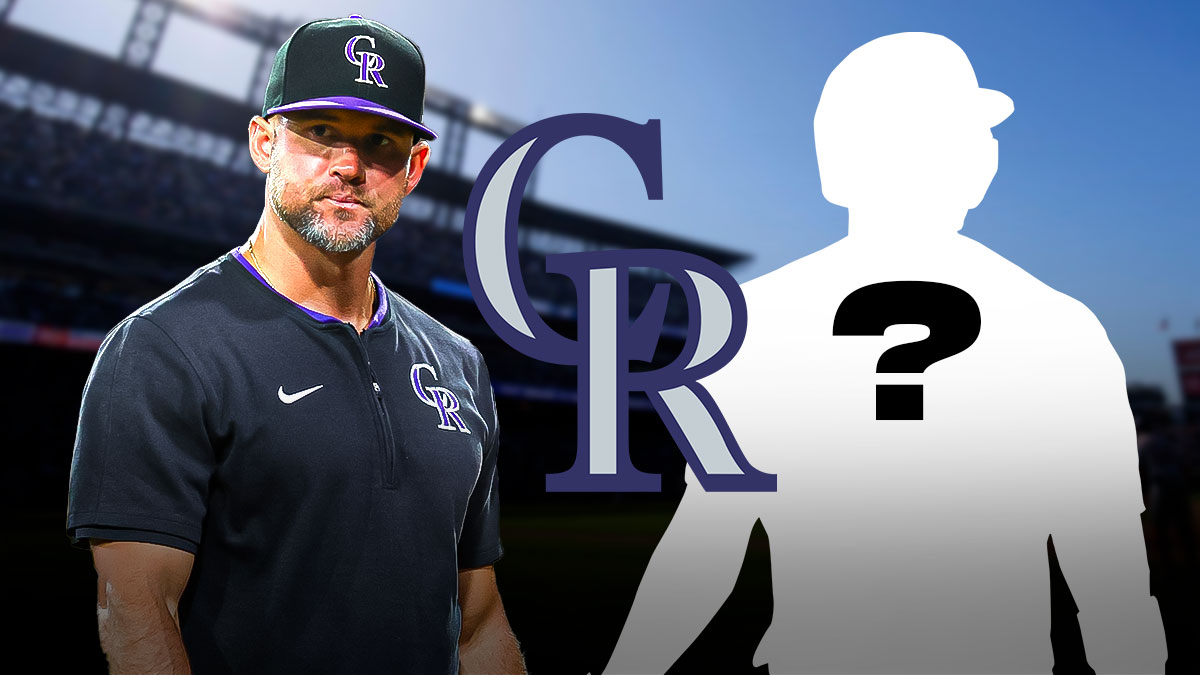 IMAGE: Rockies interim manager Warren Schaeffer on right side, Colorado Rockies logo in center, blank player silhouette with question marks on left side, Coors Field (home stadium of the Colorado Rockies) in background