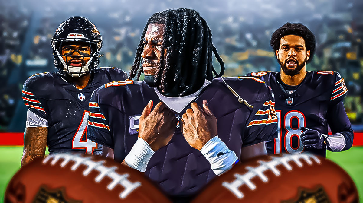 Rachaad White in the middle in a Chicago Bears jersey - Caleb Williams and D'Andre Swift around him - Chicago Bears logo in the background