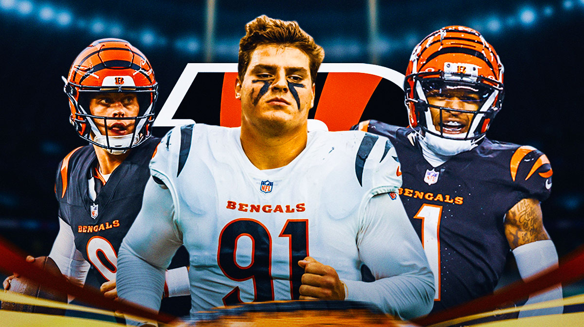 Trey Hendrickson in the middle, Joe Burrow and Ja'Marr Chase around him, Cincinnati Bengals logo in the background