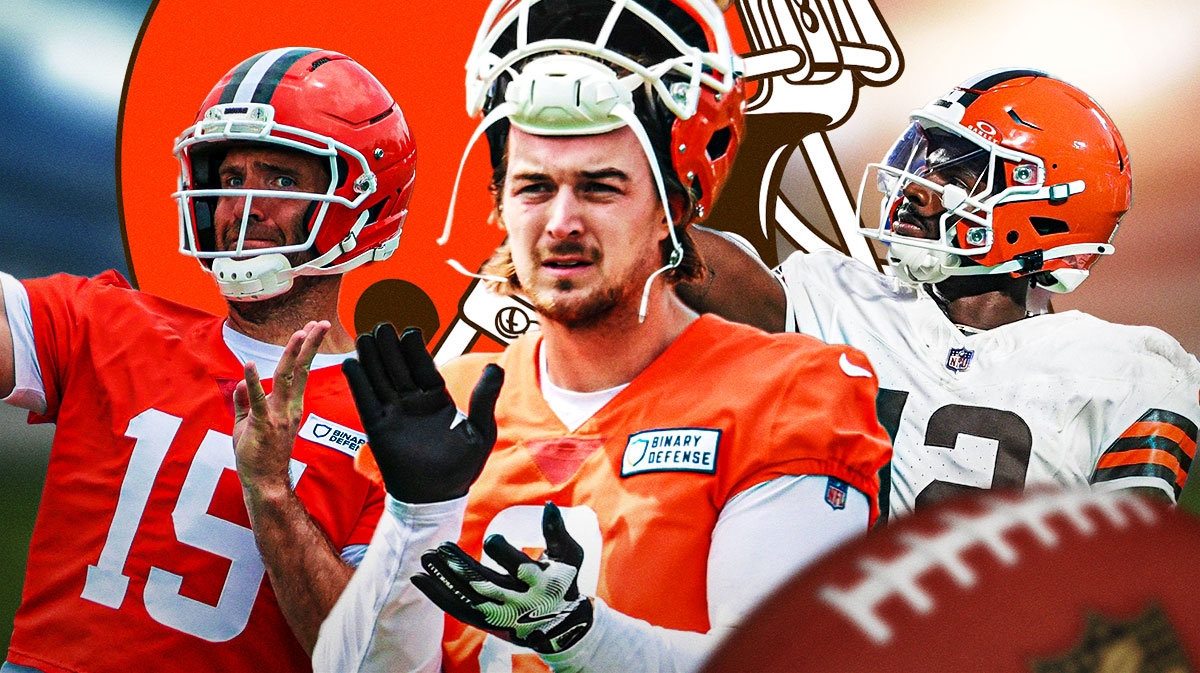 Kenny Pickett in the middle, Joe Flacco and Shedeur Sanders around him, Cleveland Browns logo in the background