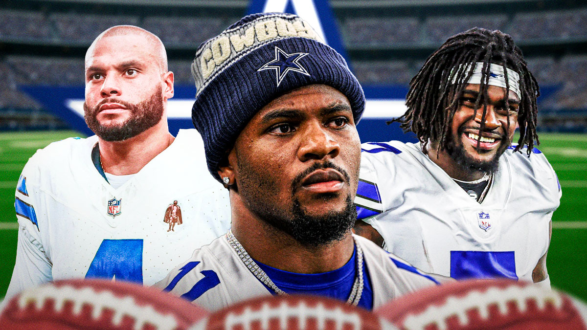 Micah Parsons in the middle, Dak Prescott and Trevon Diggs around him, Dallas Cowboys logo in the background
