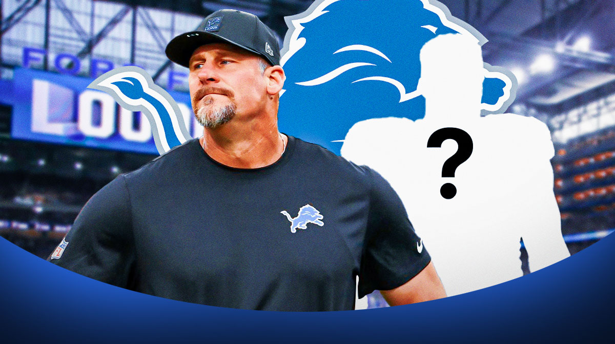 Detroit Lions head coach next to a silhouette of an American football player with a big question mark emoji inside. There is also a logo for the Detroit Lions.