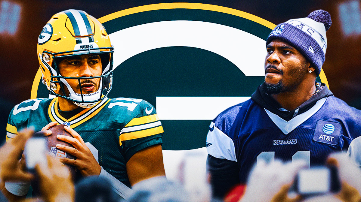Green Bay Packers QB Jordan Love next to Dallas Cowboys linebacker Micah Parsons. There is also a logo for the Green Bay Packers.