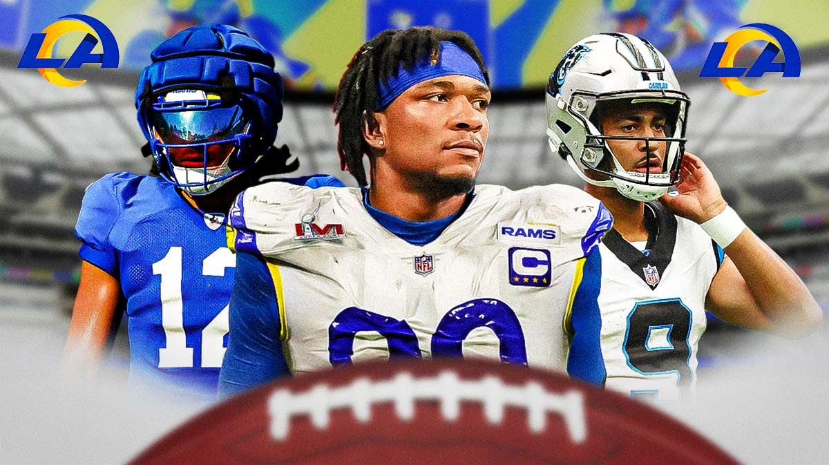 Anthony Richardson in the middle in a Los Angeles Rams jersey - Matthew Stafford and Puka Nacua around him - Los Angeles Rams logo in the background